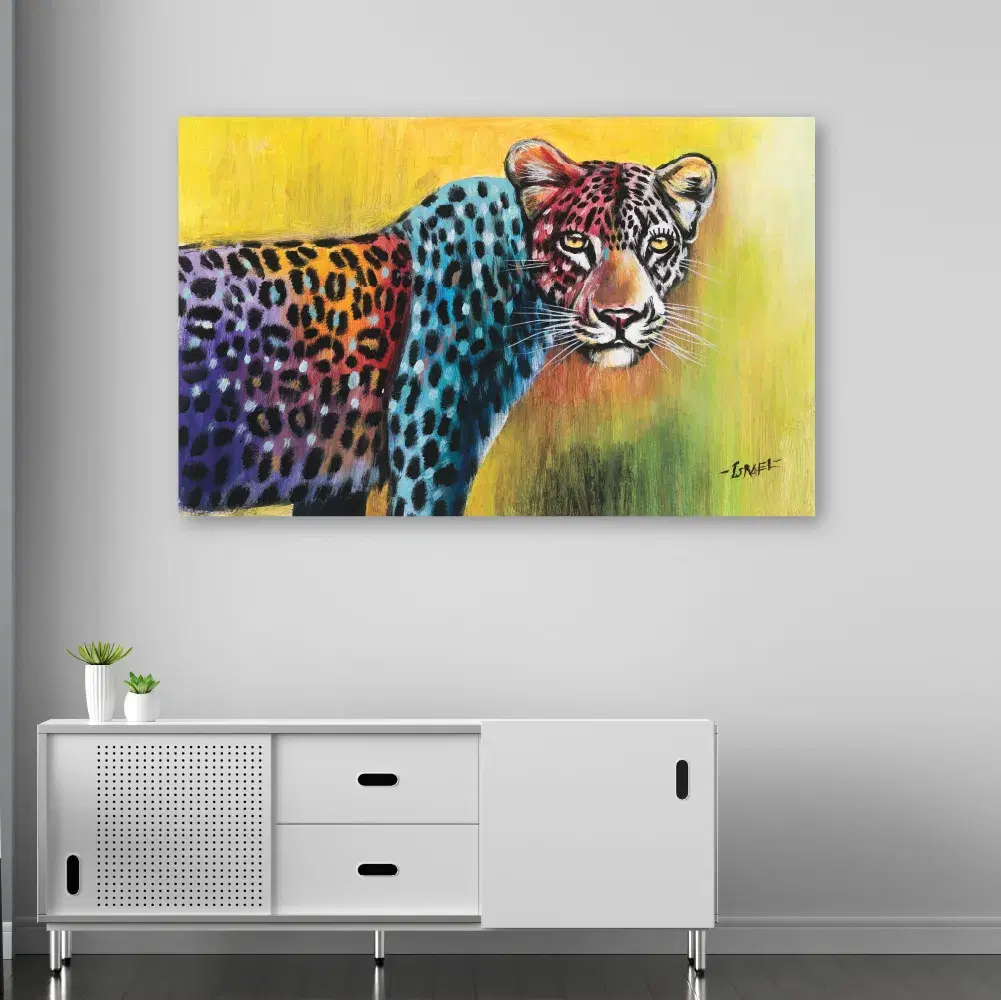 Prismatic Leopard print above a mid-century sideboard