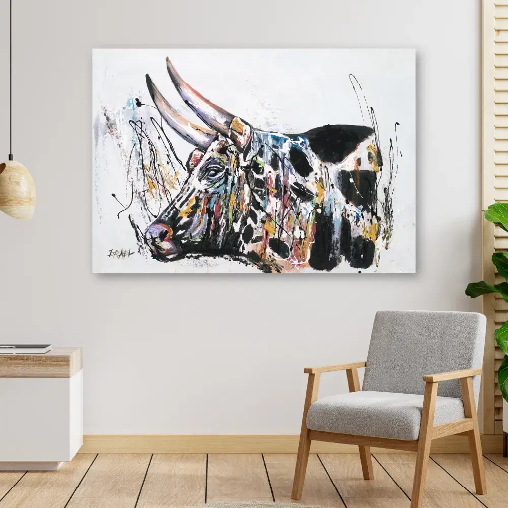 Nguni Presence digital art print in a Scandinavian living room