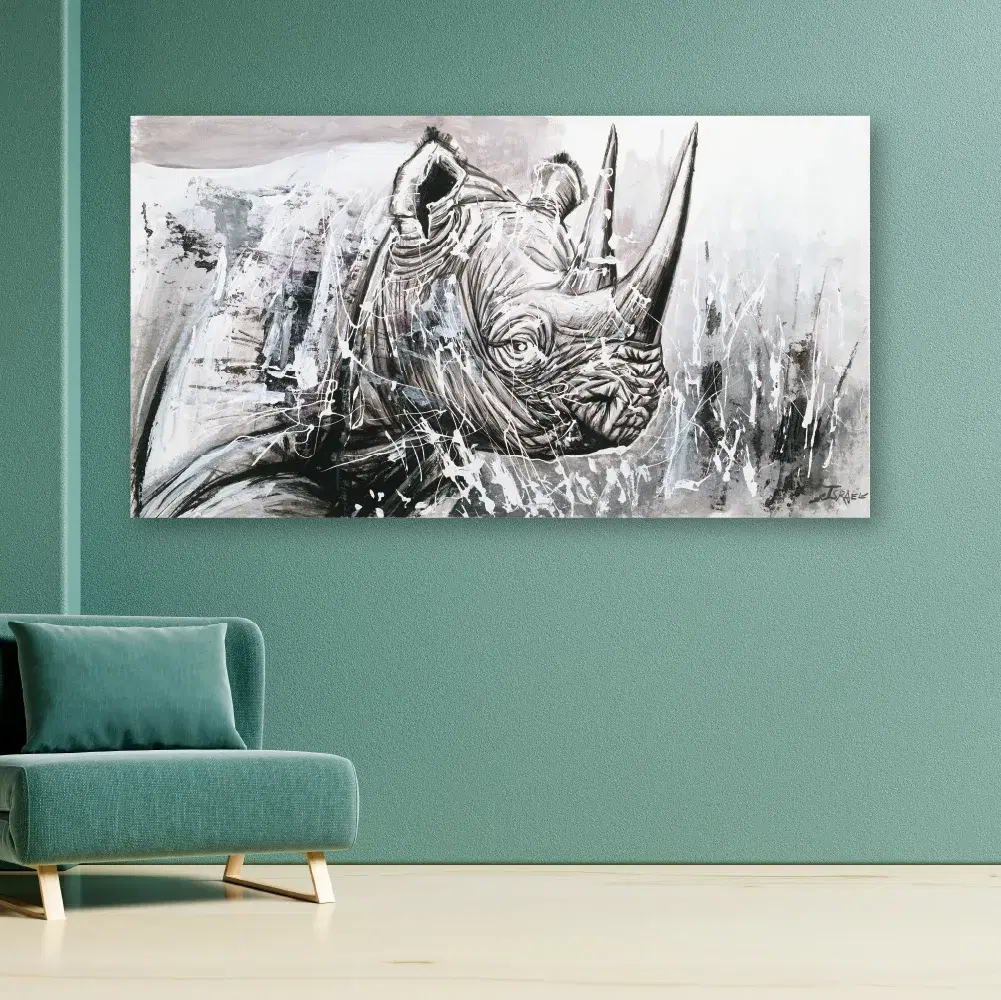 Graphite Horn monochrome print on a teal wall