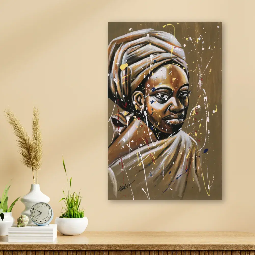 Light on the Dhuku portrait print above a console with plants