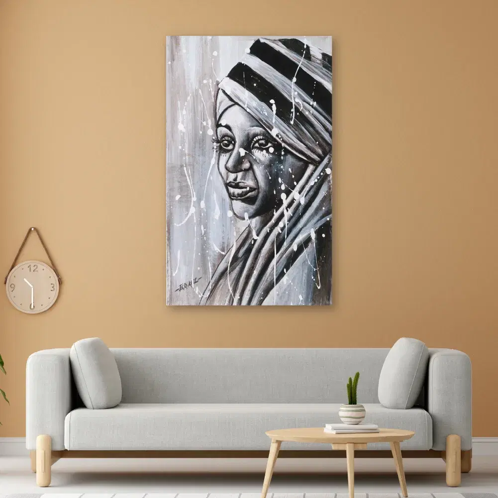 Striped Mist portrait print above a sofa in a sand-toned room
